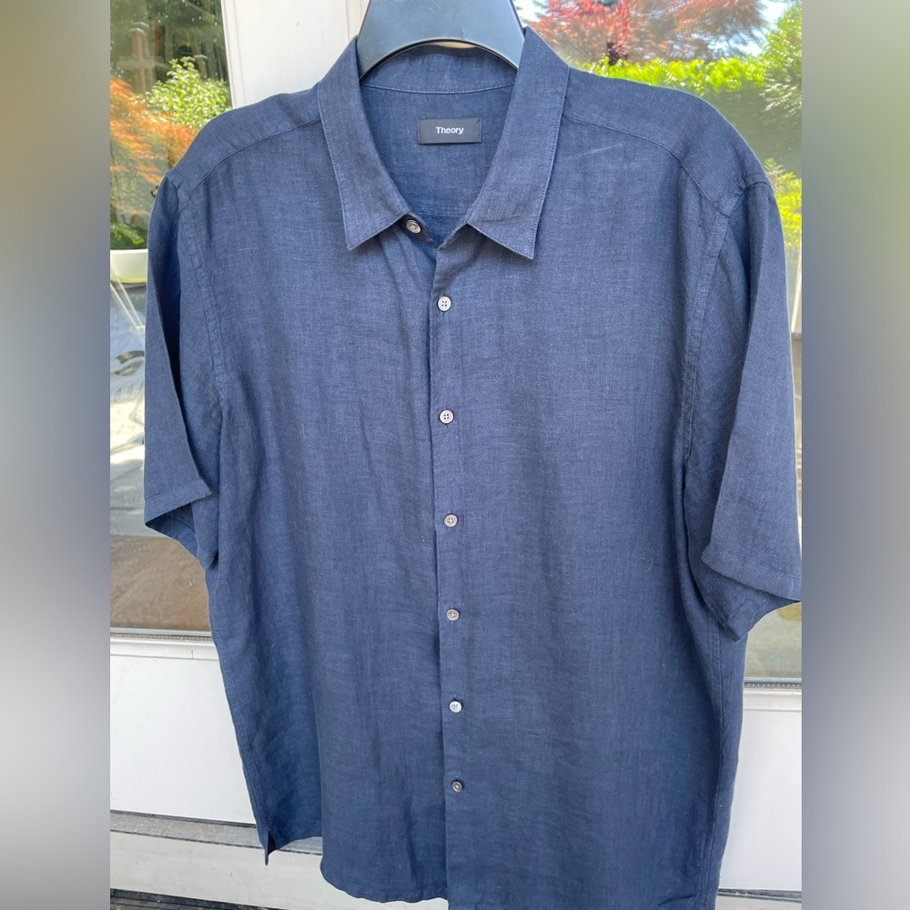 Theory short sleeve linen button up shirt, blue, size large.